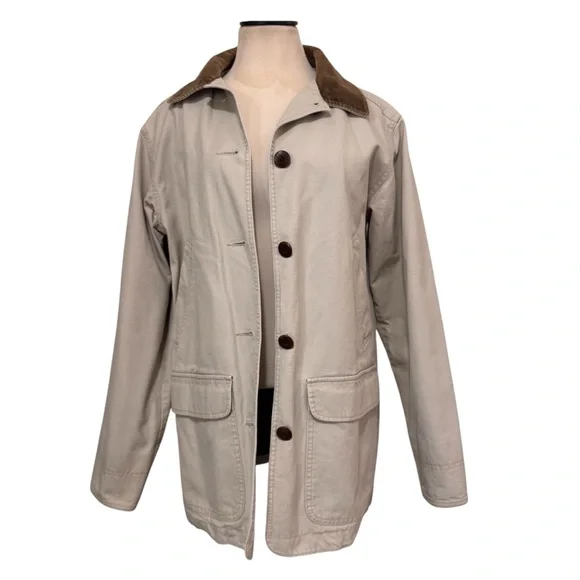 L.L. Bean beige barn jacket brown corduroy collar button fore chore coat women S - Picture 1 of 11